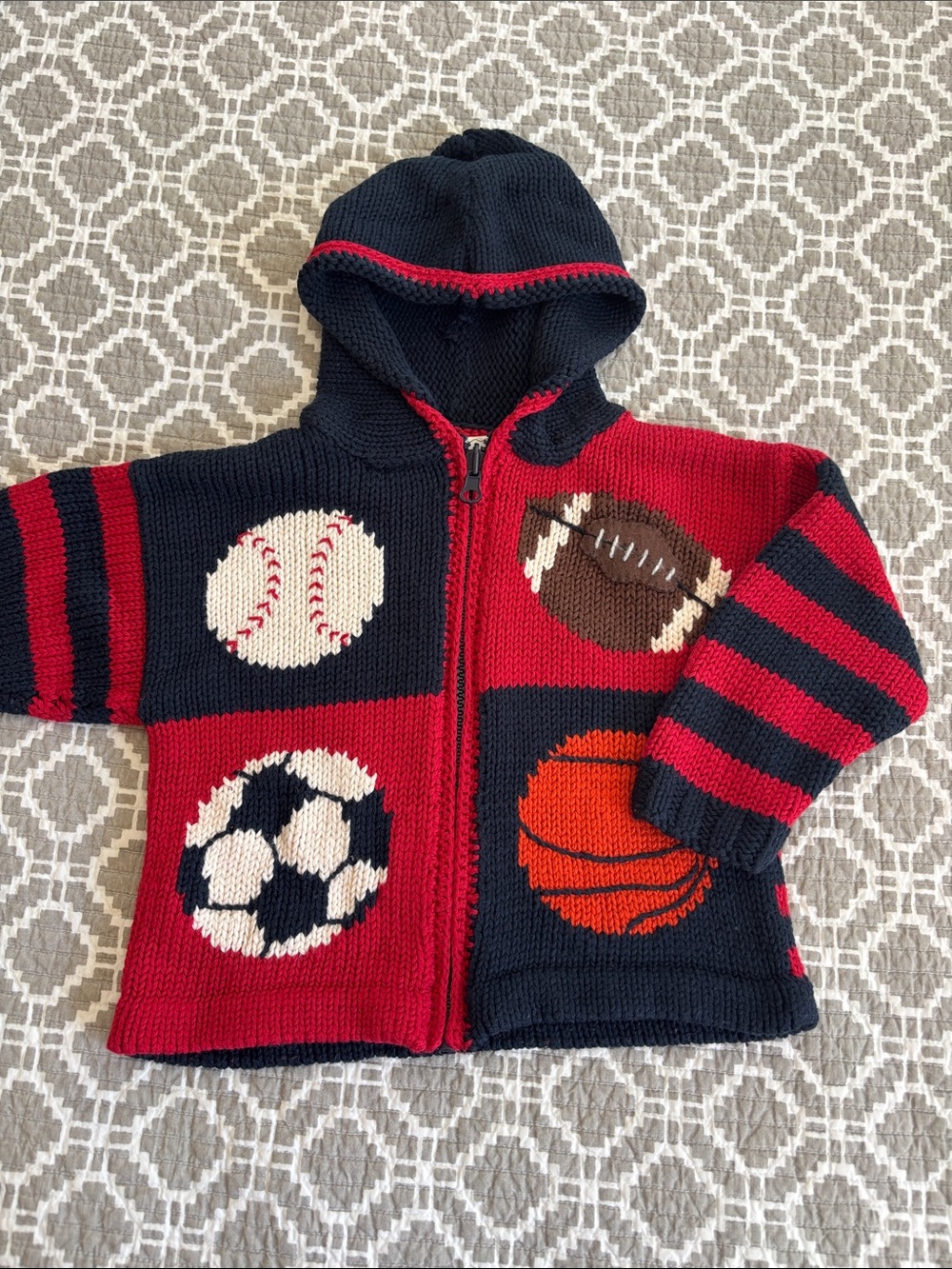 Toddler Hooded Sports Knit Cardigan - Red & Navy